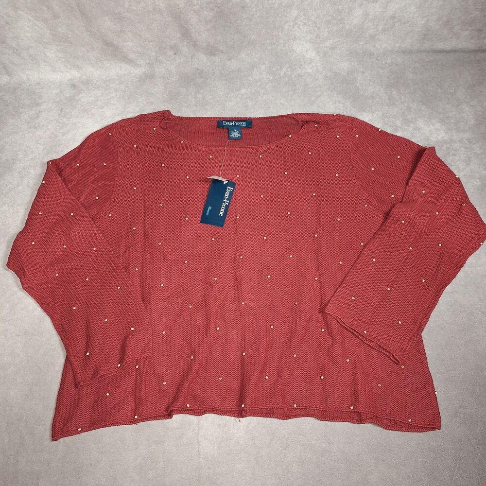 Evan Picone 2x Red Long Sleeve Knit Top With Bead Accents